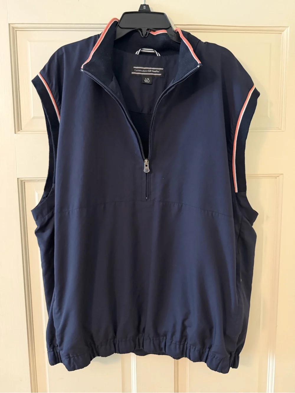 Cutter & Buck ladies Navy Sleeveless Golf Pullover with Coral Trim